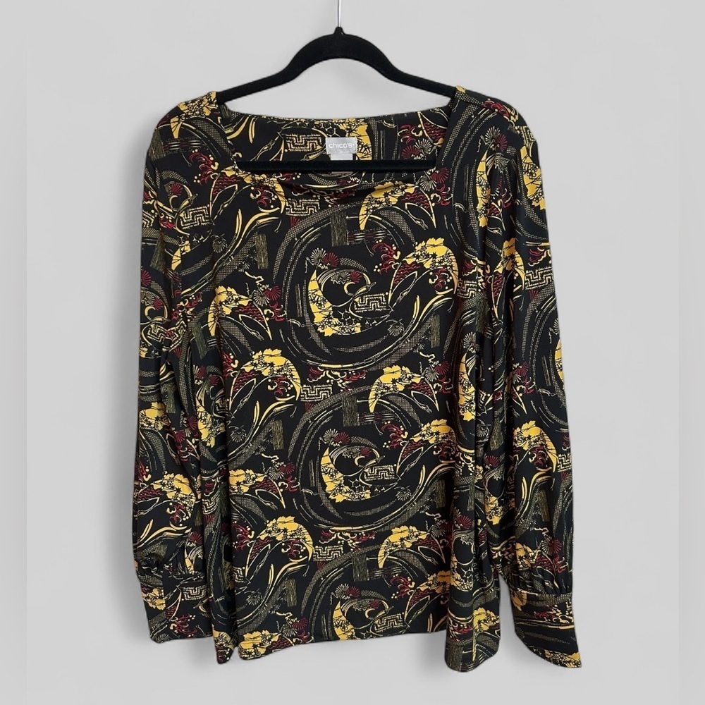 Chico's Long Sleeve Top Womens Oriental Geometric All Over Print Maximalist 3 XL
